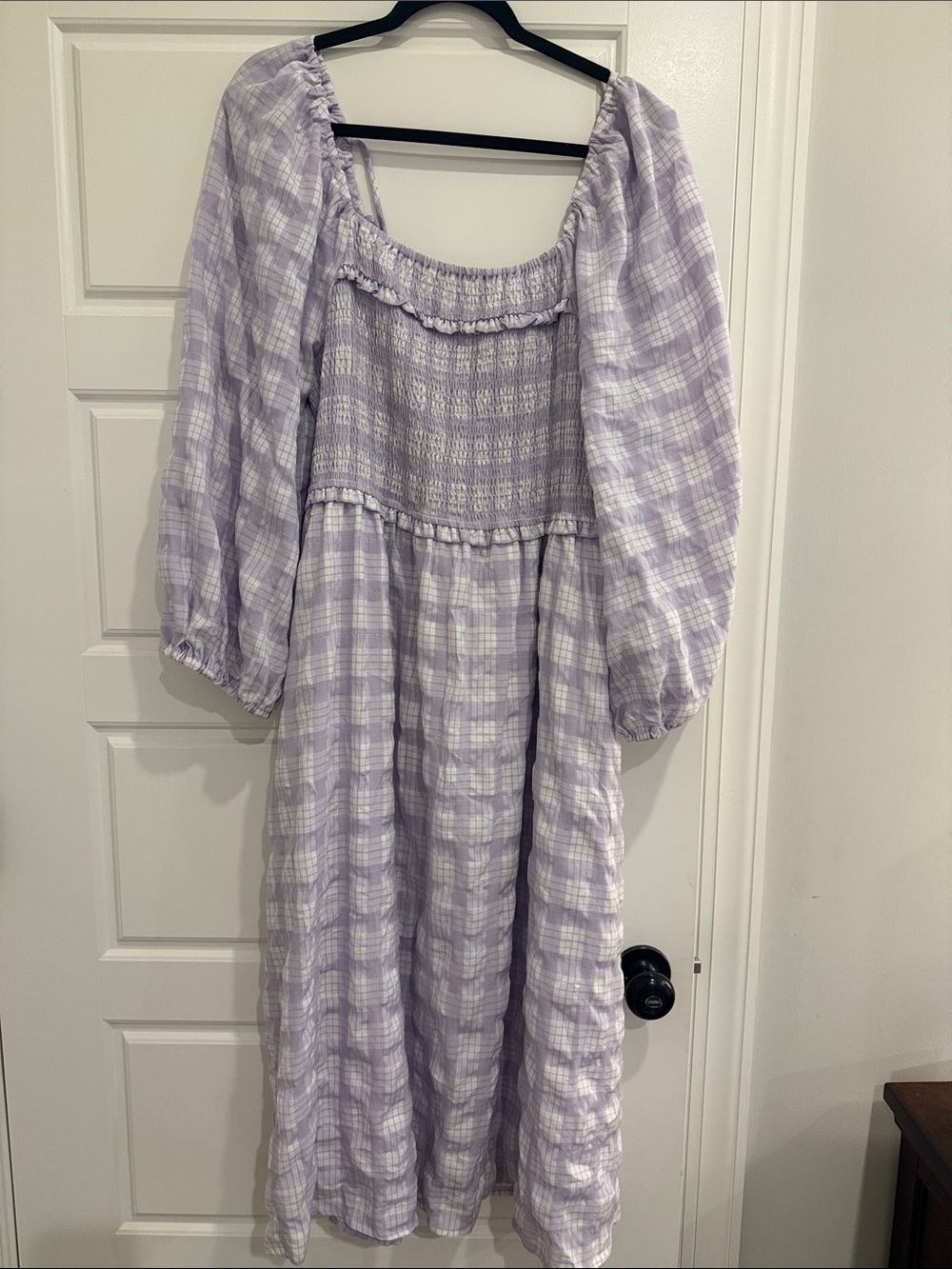 Lilac Plaid Smocked Maxi Dress with Puff Sleeves